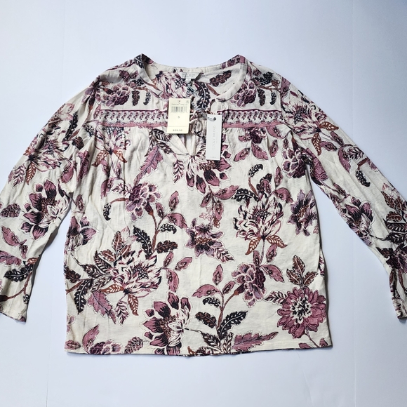 Lucky Brand Tops - Lucky Brand Floral Long Sleeve Tie Neck Top in Purple and White Sz Small